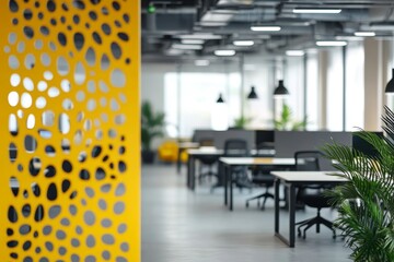 Modern office interior with yellow partition, desks, chairs, and plants.