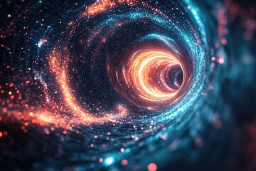 Glowing energy vortex at the center of a digital universe, pulling in light from distant stars.