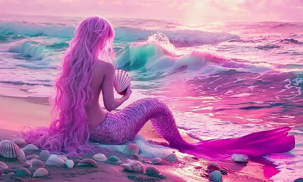 Mermaid in the sea, pink magic vibes.