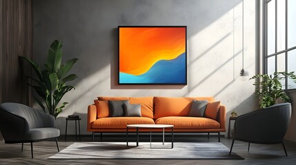 Cozy and inviting modern living room interior with a large comfortable orange sofa sleek coffee table and a vibrant abstract artwork framed on the wall