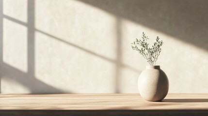 Simple vase with greenery on wooden surface, sunlight.