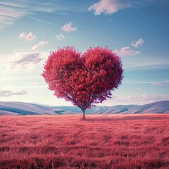 An open field with a heart-shaped tree, pink grass, Valentine's Day.