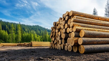 Deforestation impacting natural landscape logging site woodpile forest environment aerial view environmental destruction