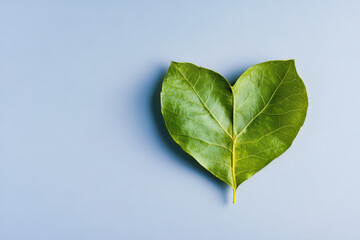 A heart shaped green leaf on a plain background. Love nature concept