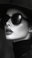 A woman wearing sunglasses and a hat is posing in front of a grey background.