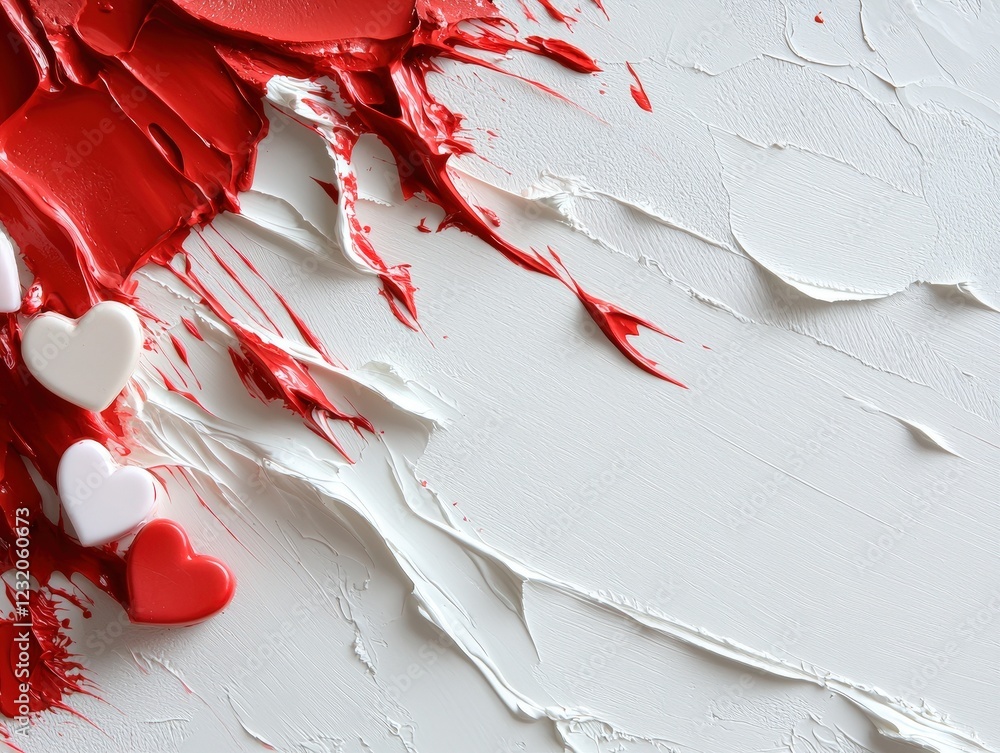 Poster abstract art with red paint splashes and heart shapes on textured white canvas background for romant