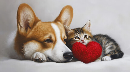 A corgi and a kitten are together. There is a red love in front of them