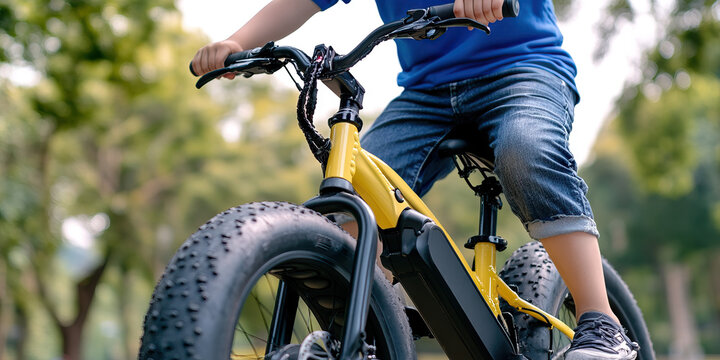Child Riding Yellow Electric Fat Tire Bicycle