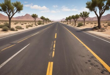 Naklejka premium Desert highway with worn-out surface and few trees, rural area, worn out roads