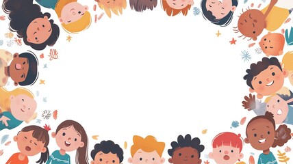 A playful background with colorful illustrations of children playing around the borders, leaving a blank space in the middle for text, perfect for kid-themed content	