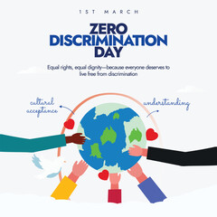 Zero Discrimination Day. 1st March 2025 poster with different ethnicities hands with red hearts holding an Earth globe or dove shows unity, support peace and equal rights awareness post.