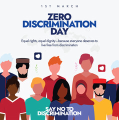 Zero Discrimination Day. 1st March 2025 celebration banner displays a supportive message of equal rights with people of different ethnicities, heart icons to symbolize unity and support.