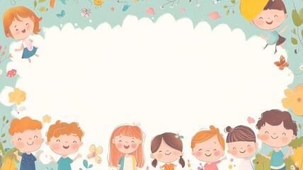 A playful background with colorful illustrations of children playing around the borders, leaving a blank space in the middle for text, perfect for kid-themed content	