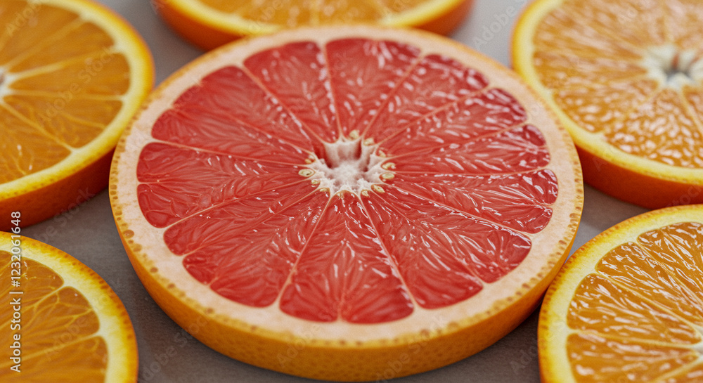 Poster grapefruit and orange slices close up. sliced grapefruit and oranges on a flat surface