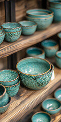 Teal-colored bowls with intricate patterns on wooden shelves