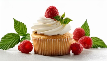 cupcake with cream and raspberry on white background