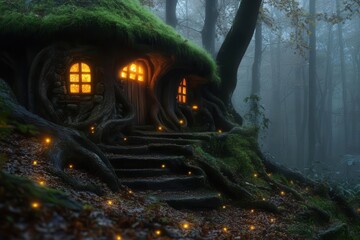 enchanted woodland cottage with glowing windows, moss-covered roof, twisted tree roots forming steps, magical fairy lights in evening mist