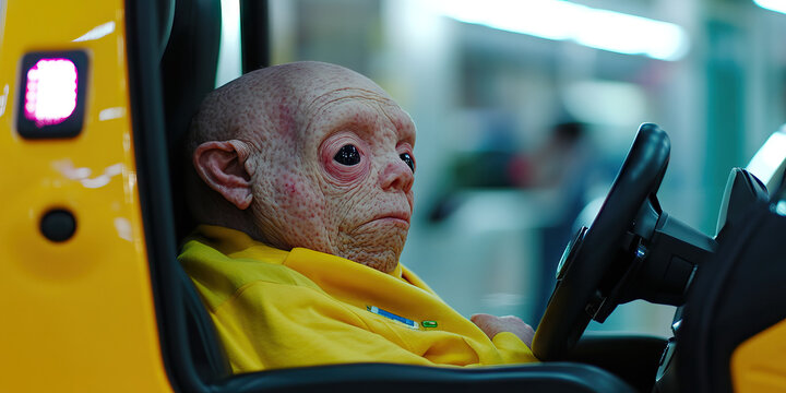 Person with Progeria in Yellow Vehicle