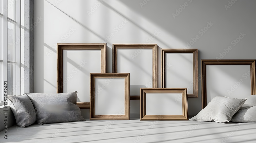 Poster cozy and stylish minimalist living room interior with an assortment of elegant wooden picture frames