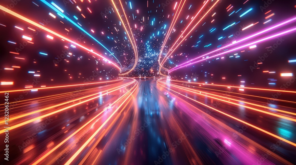 Poster a high-speed digital highway with glowing gridlines, where energy streaks and pulsing lights.