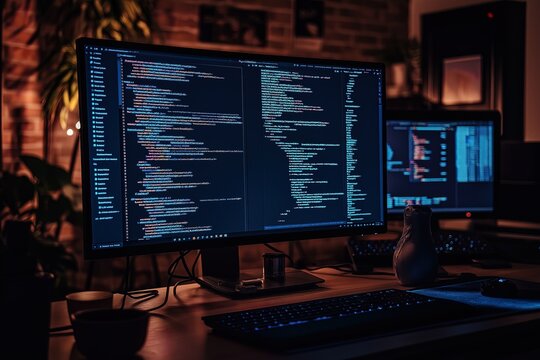 Exploring the art of coding in a cozy workspace illuminated by screens