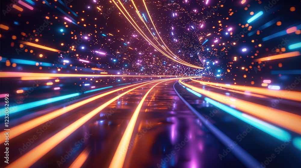 Poster a high-speed digital highway with glowing gridlines, where energy streaks and pulsing lights.