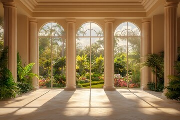 Fototapeta premium Gardens, elegant columns, and windows with large glass doors; cream-beige walls, Generative AI