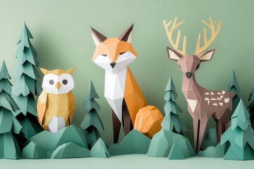 enchanted woodland creatures in papercraft style, featuring geometric fox, owl, and deer with gold foil accents