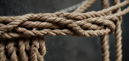 Fototapeta premium Detail of a fraying rope with exposed threads and metallic fragments, close-up texture, worn fibers