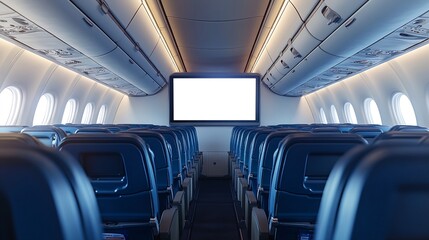 Fototapeta premium An airplane interior with empty seats and rows of windows, featuring an advertisement screen.