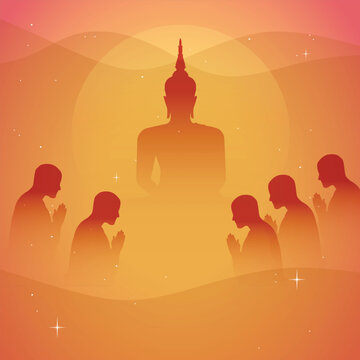 Beautiful simple clean vector for Asarnha Bucha and Buddhist holiday, the great Buddha sitting among five monks with moon and star on orange wave background in warm monotone vintage retro style.
