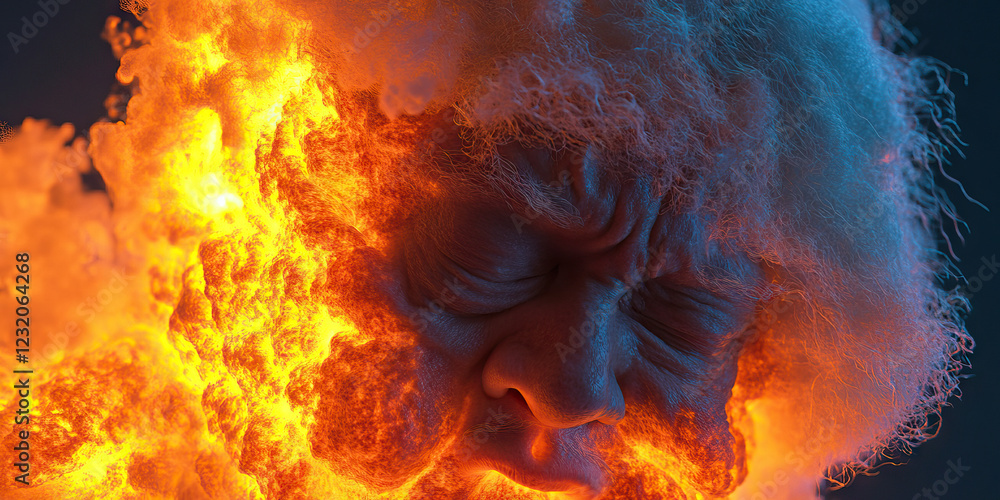 Poster digital rendering of a man's face partially enveloped in flames