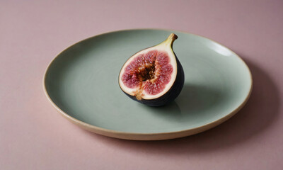A delicate ceramic plate with a single sliced fig, pastel background