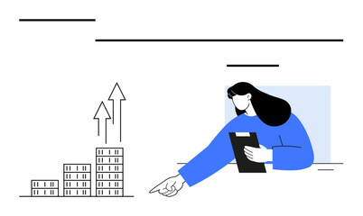 Woman pointing at stacked bar graphs with upward arrows, holding clipboard. Ideal for business analysis, growth trends, finance insights, strategy planning, data visualization, economic success