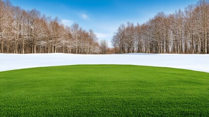 Striking Contrast of Green Lawn and Snowy Winter Landscape