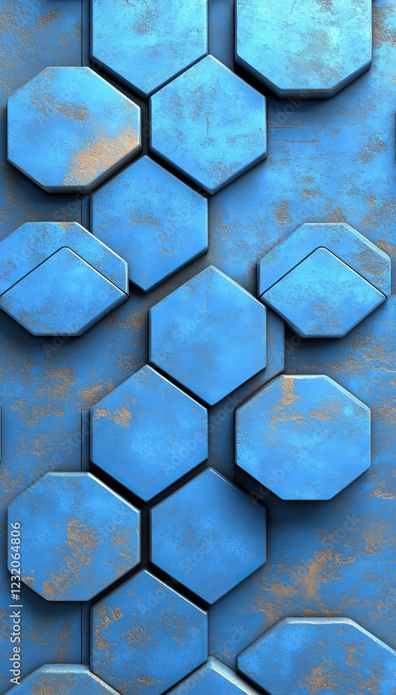 Poster abstract background of blue and gray textured hexagons, modern simple decorative with empty area.