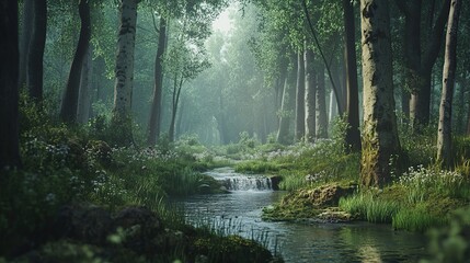 Obraz premium Misty forest stream, tranquil nature scene, spring flowers, game background