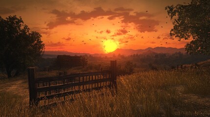 Sunset over Rural Landscape with a Rustic Wooden Gate