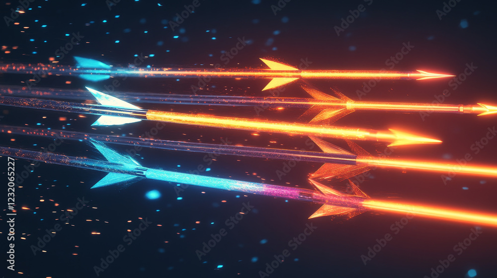 Poster glowing flying arrow with vfx motion effect. realistic vector illustration set of luminous missile t