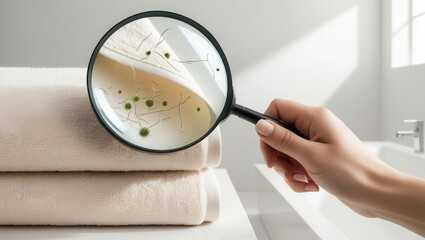Inspecting bathroom towels for mold home cleaning tips indoor close-up hygiene awareness