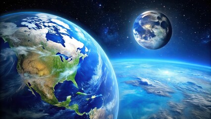 Blue earth from space with mountains and oceans, moon, world,  moon, world