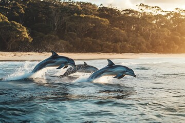 Three Dolphins Leap in a Coastal Sunrise