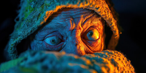 Fototapeta premium Close-up Photograph of Wrinkled Face Partially Hidden by Fabric