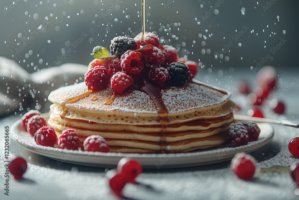 Poster Thin pancakes topped with fresh berries and maple syrup.