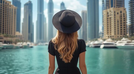 Fototapeta premium A woman with long blonde hair and a black hat is looking at a city skyline across a body of water.