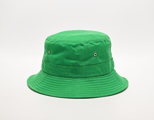 Vibrant green bucket hat on a neutral background, perfect for sunny days.