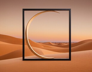 Desert Landscape at Sunset or Sunrise, Light Beige Sand Dunes, Ripples and Shadows, Dark Silhouetted Hills, Dark Purplish-Blue Sky, Gradient Sun Planet, Warm Earthy Colors, Ai generated image.