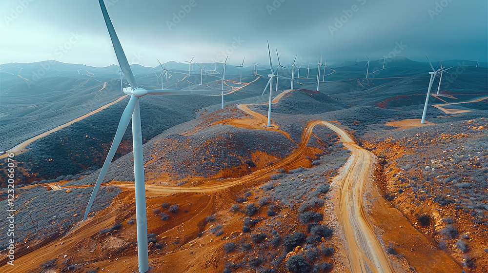 Poster a vast wind turbine farm spread across an open, rolling landscape, with dozens of towering turbines 