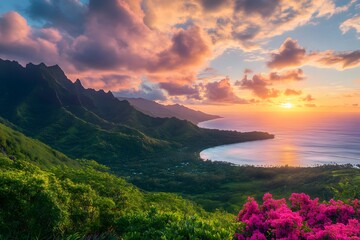 Obraz premium Beautiful sunset over the turquoise ocean in Moorea, French Polynesia, with lush greenery and colorful flowers on the mountains in the background, Generative AI