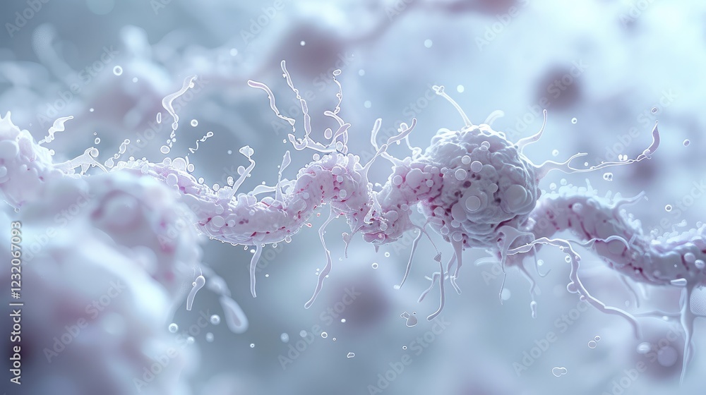 Poster clean 3d render of a microscopic cancer attack, highlighting the delicate interaction between cancer